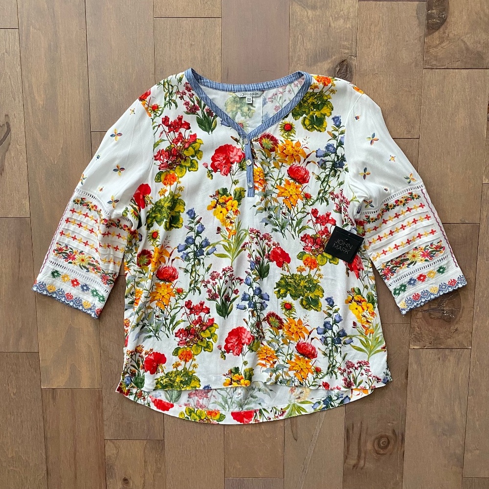 John Mark Nwt Floral Print 3/4 Sleeves Tunic Top Blouse Petite Medium PM